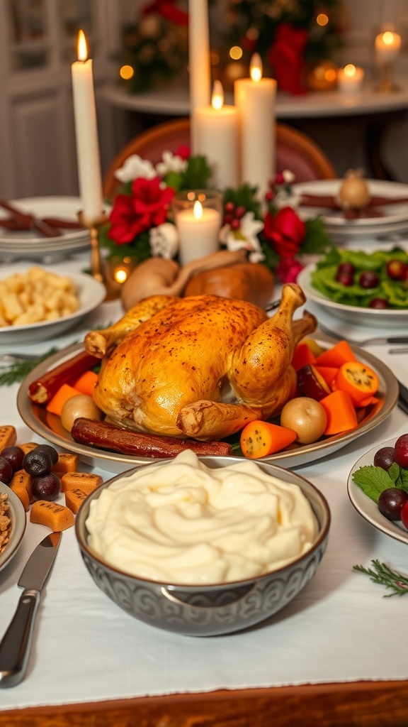 A festive Christmas dinner table with roast chicken, roasted vegetables, mashed potatoes, and salad.